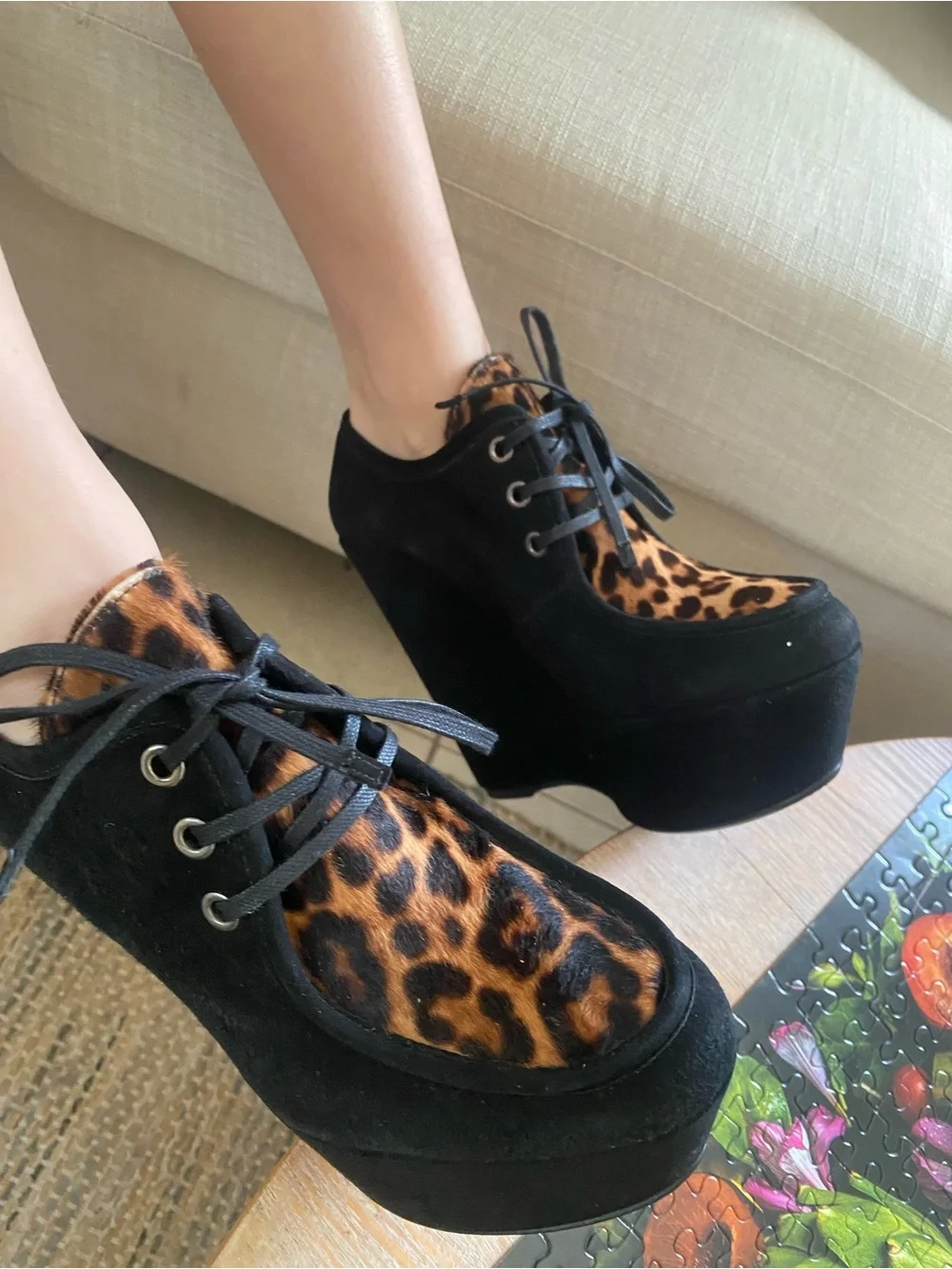 Stuart Weitzman Black Suede Platform Wedges with Leopard Accent
